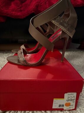 Charles Jourdan Gia Taupe Strappy Stiletto Sandals with Snakeskin Accent